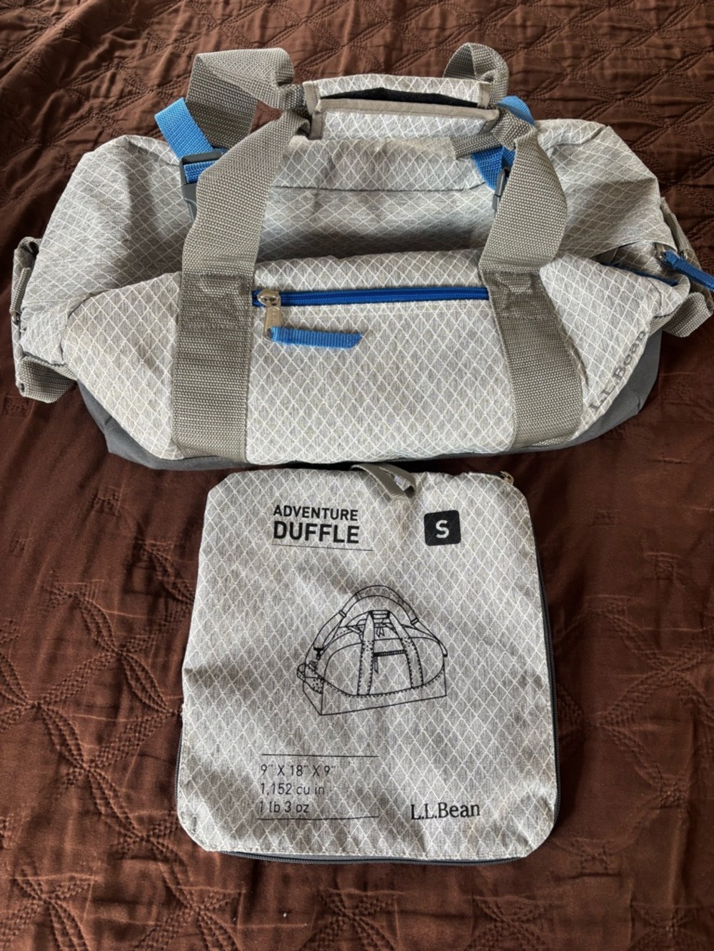 L.L. Bean Light Gray Adventure Duffle with Blue Accents